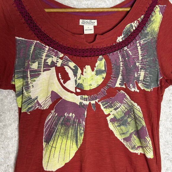 Lucky Brand Women’s Large Maroon Blouse with Lace Scoop Neck Detailing - Picture 2 of 10